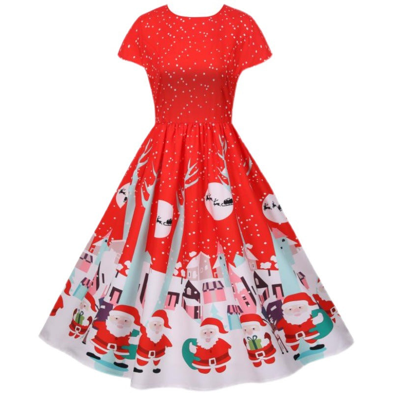 Women's short-sleeved Christmas swing dress with a Christmas village print