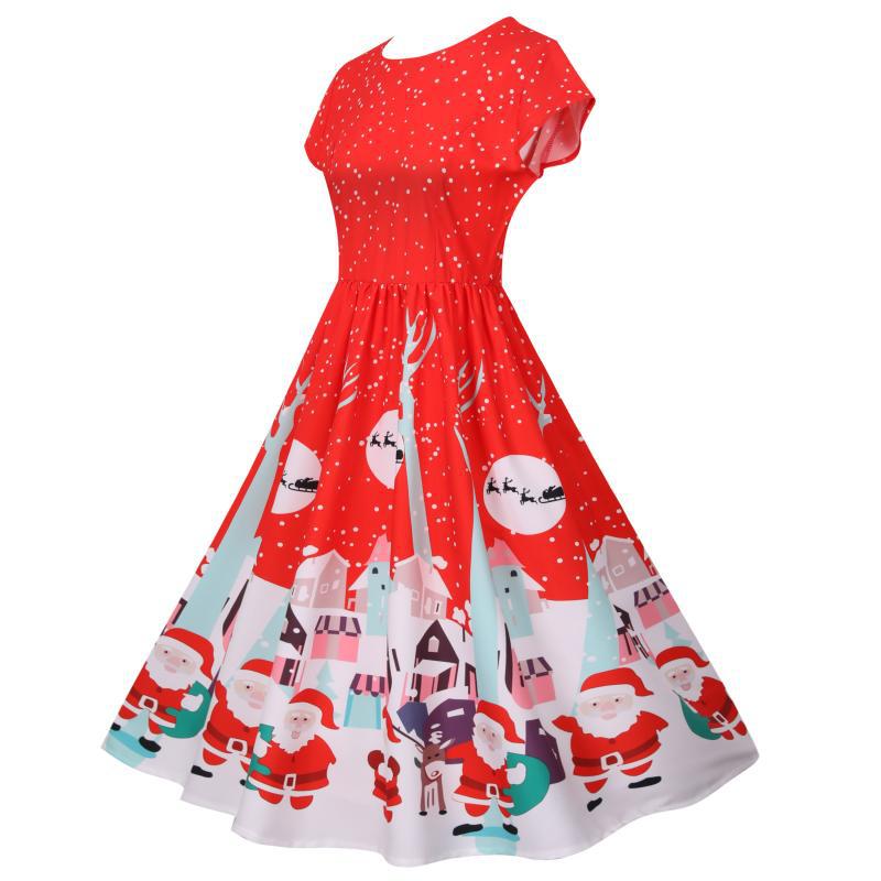 Women's short-sleeved Christmas swing dress with a Christmas village print