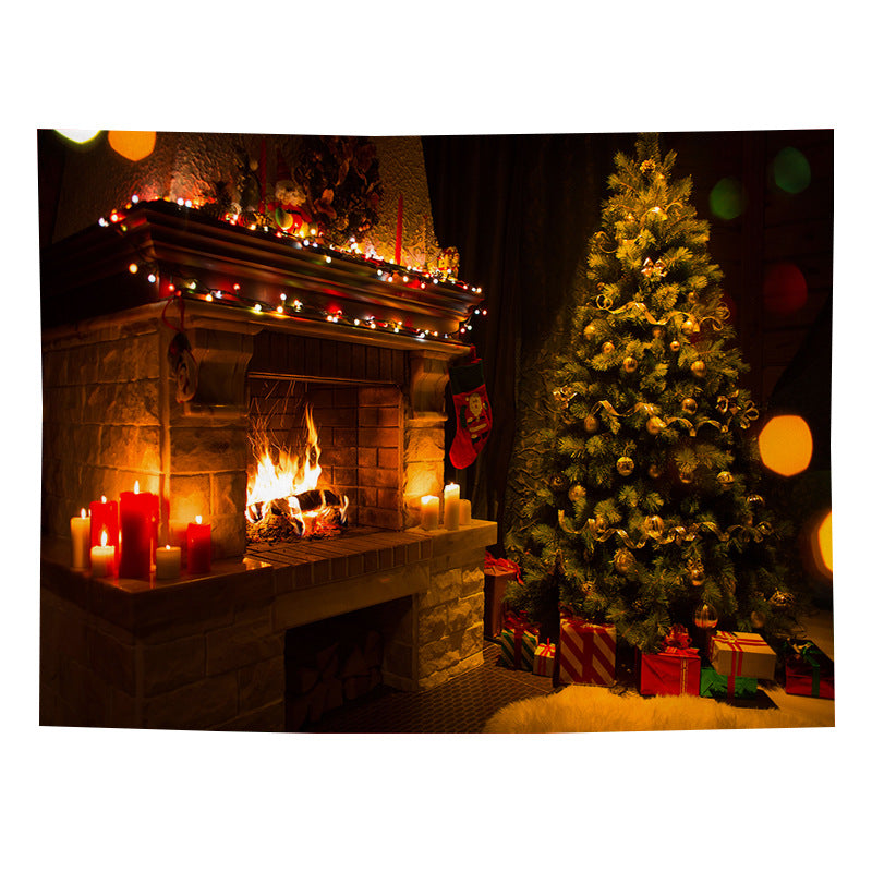 Christmas wall tapestry with a festive scene hanging on the wall - candlelit fireside