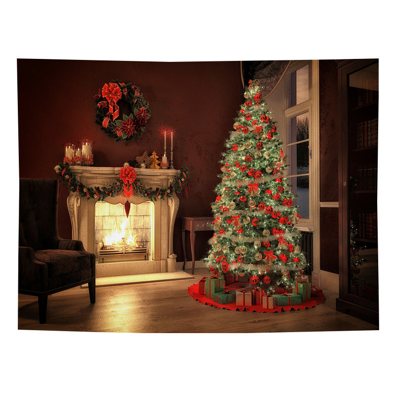 Christmas wall tapestry with a festive scene hanging on the wall - red christmas room