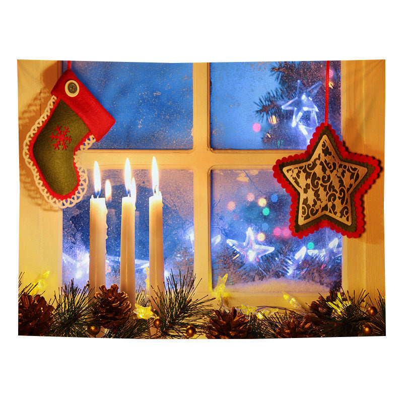Christmas wall tapestry with a festive scene hanging on the wall - stocking and star
