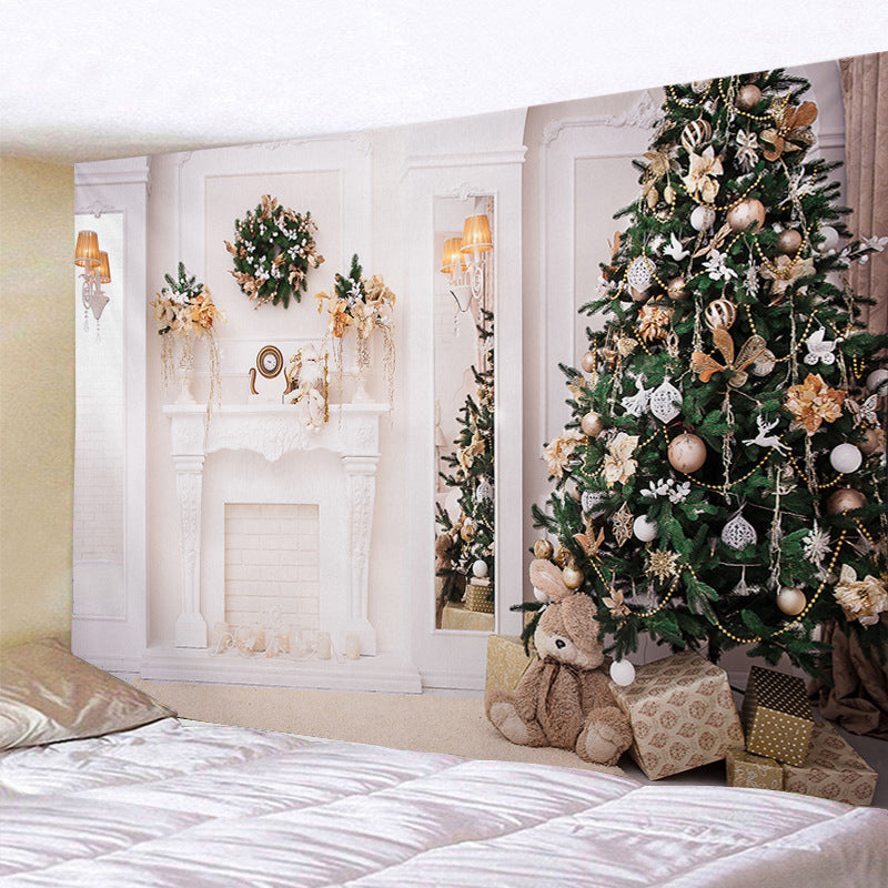 Christmas wall tapestry with a festive scene hanging on the wall