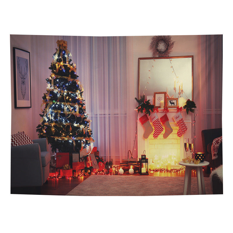 Christmas wall tapestry with a festive scene hanging on the wall - tree by the mantel