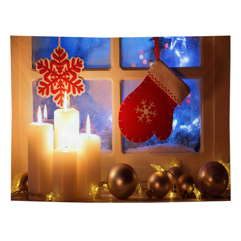 Christmas wall tapestry with a festive scene hanging on the wall - mitten and snowflake