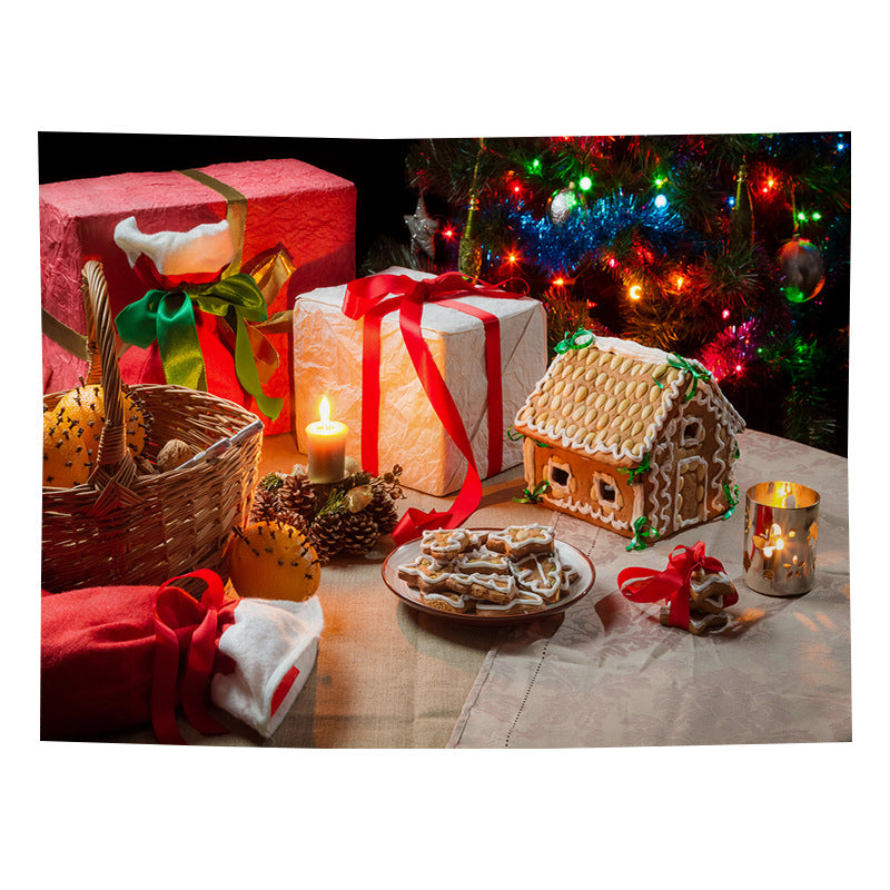 Christmas wall tapestry with a festive scene hanging on the wall - gifts and gingerbread house