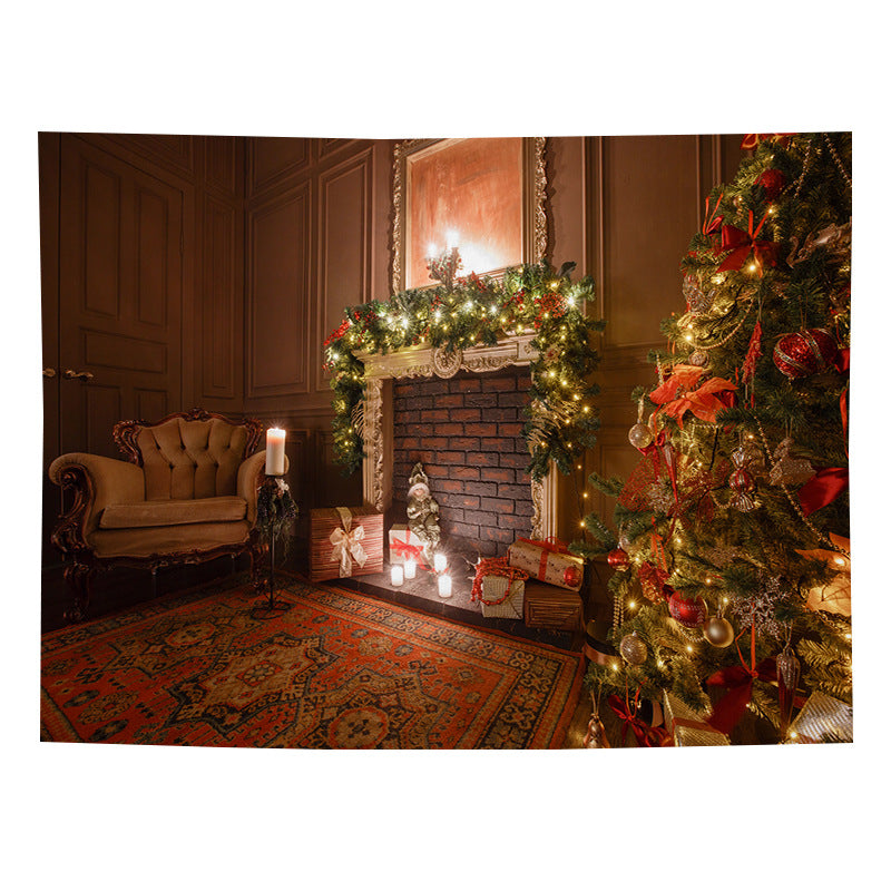 Christmas wall tapestry with a festive scene hanging on the wall - christmas room with armchair