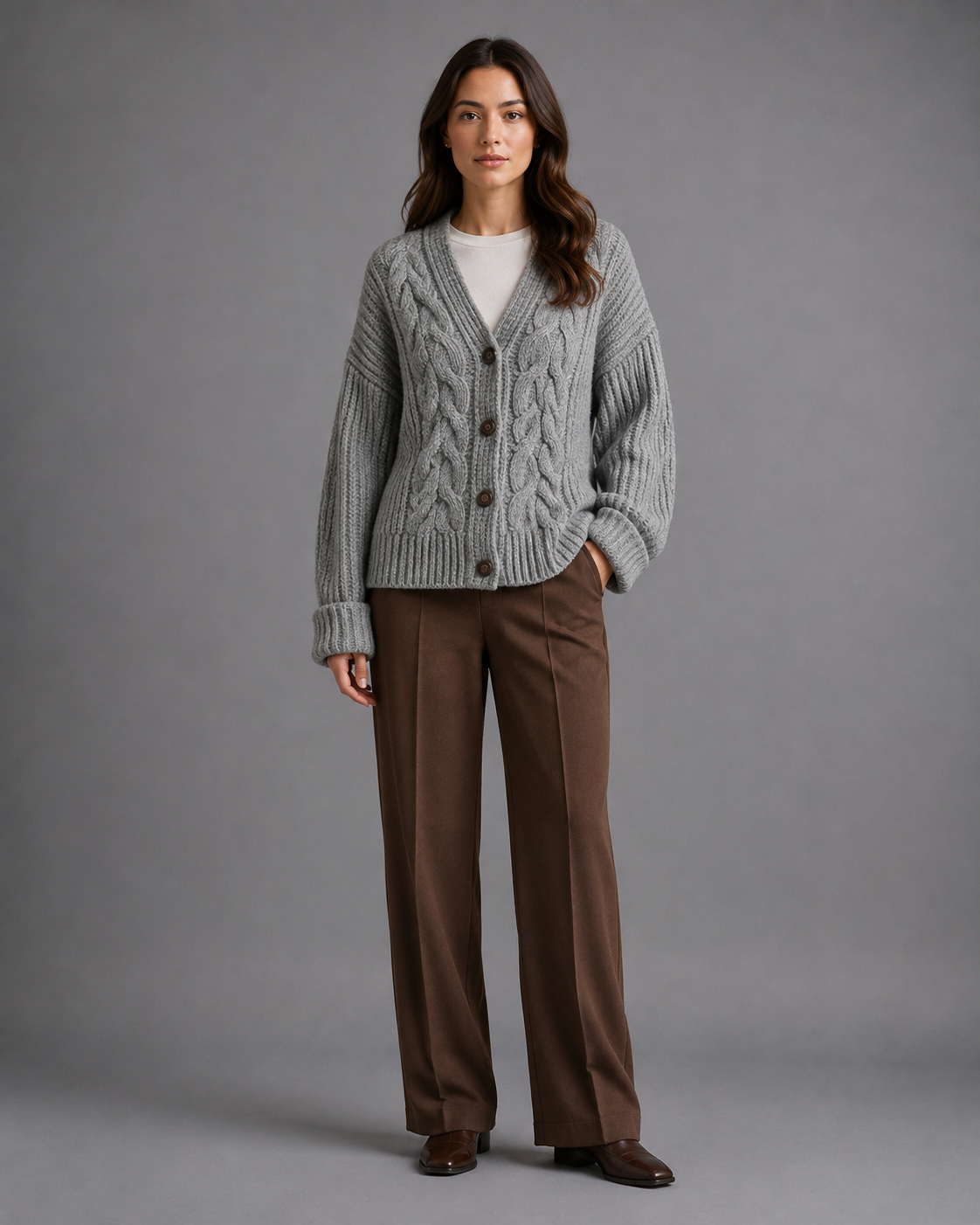 Women's chunky cable knit cardigan with a V-neck and dark buttons - grey