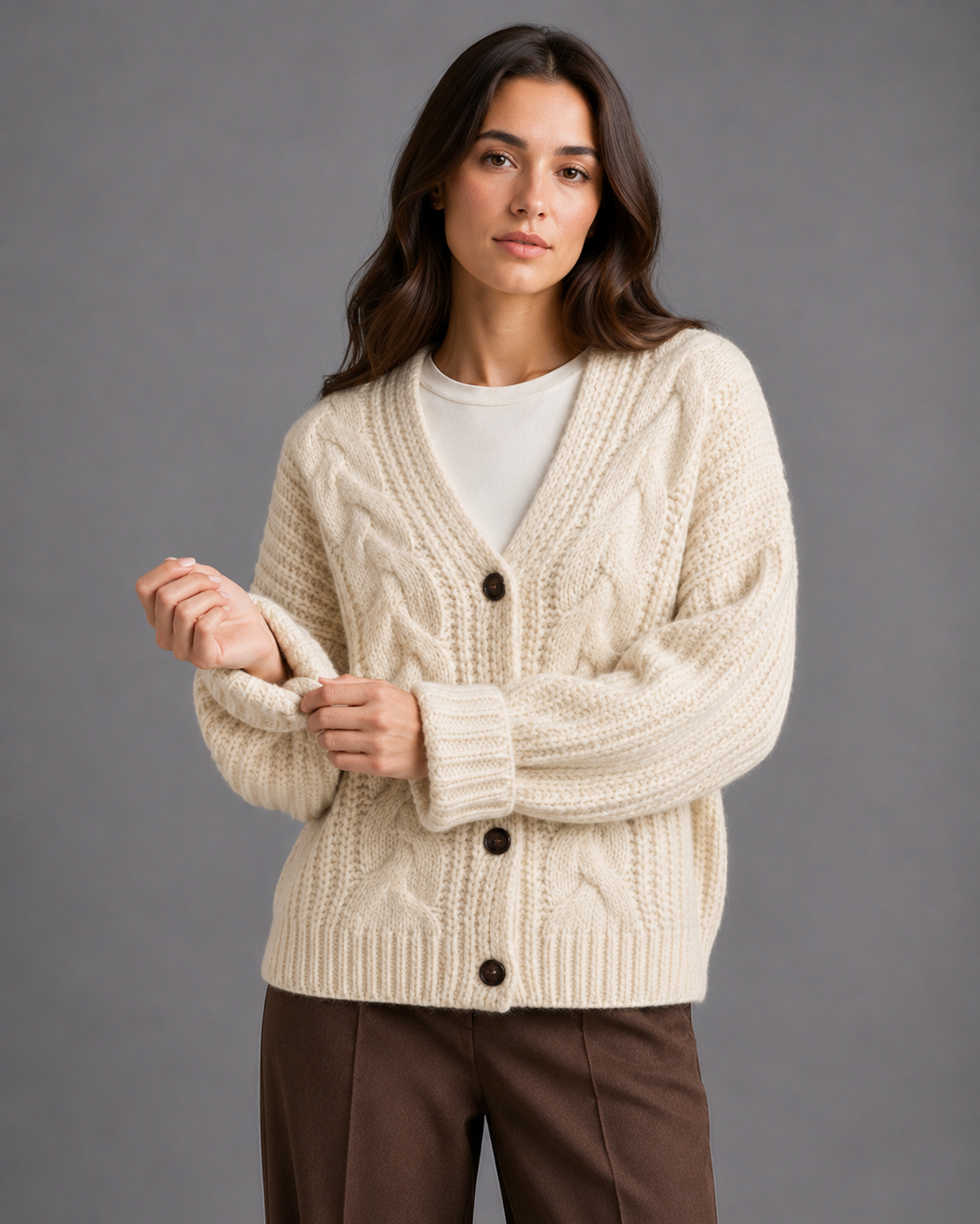 Women's chunky cable knit cardigan with a V-neck and dark buttons