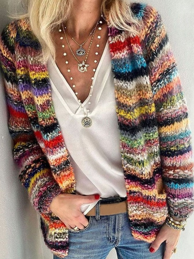 Women's chunky knit open front cardigan with multicolour stripes - rainbow stripe