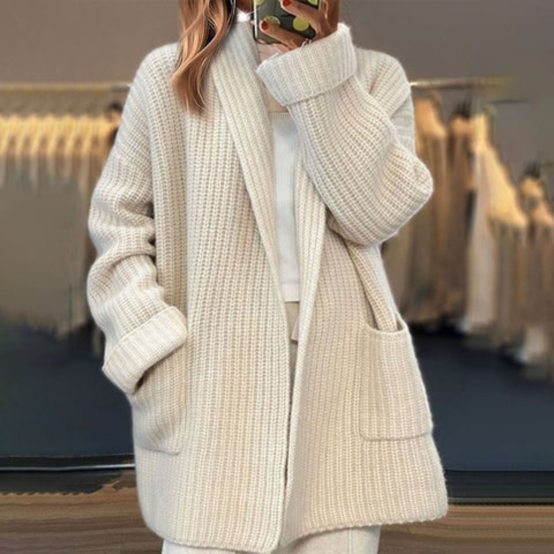 Women's chunky ribbed longline cardigan with a shawl collar and pockets - cream