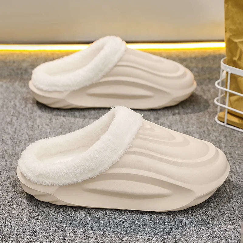 Closed-back slippers with a ridged EVA shell, plush collar and plush lining - beige