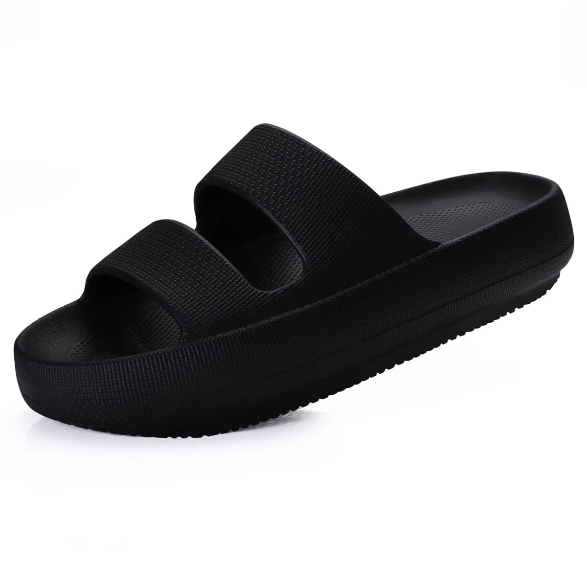 Cloud sliders with two wide straps and a thick rounded sole - black