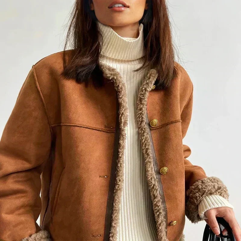 Women's collarless suede-look jacket with a teddy trim, cognac - cognac