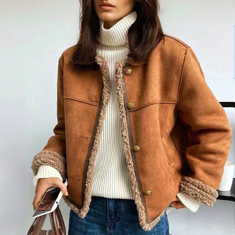Women's collarless suede-look jacket with a teddy trim, cognac - cognac