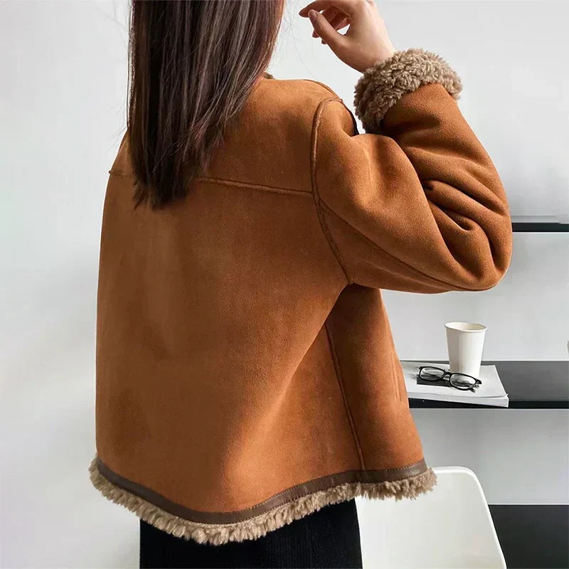 Women's collarless suede-look jacket with a teddy trim, cognac - cognac