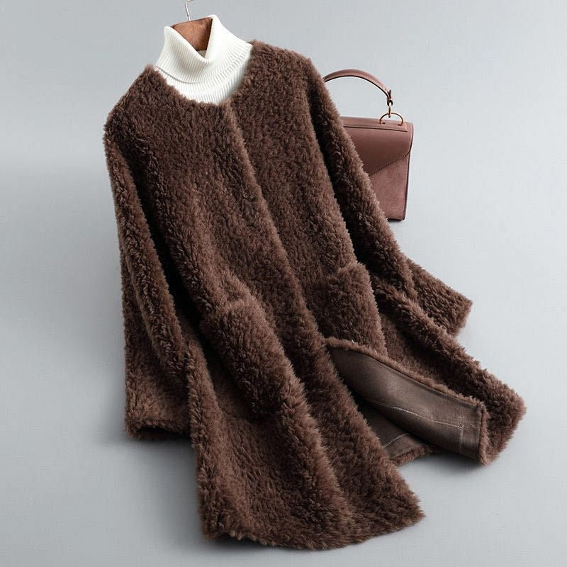 Women's collarless teddy coat with large patch pockets - brown