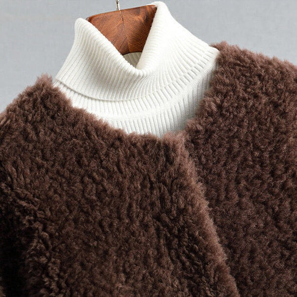 Women's collarless teddy coat with large patch pockets