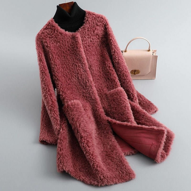 Women's collarless teddy coat with large patch pockets - dusty rose