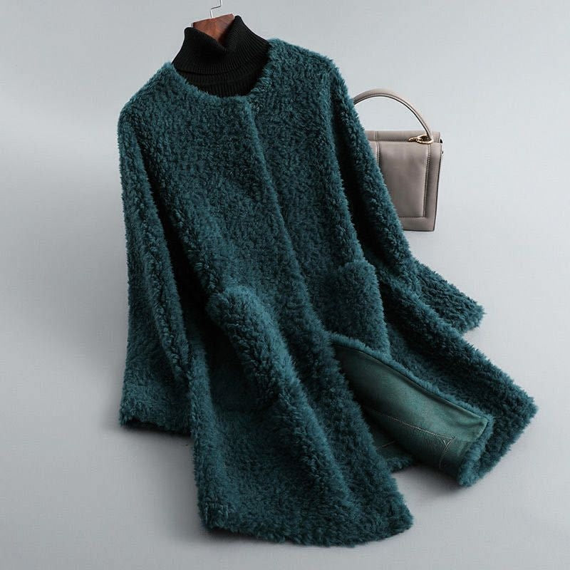 Women's collarless teddy coat with large patch pockets - teal