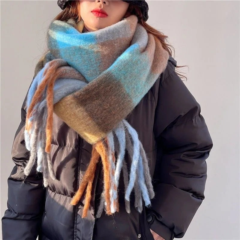 Women's thick fluffy colour block scarf with chunky fringe - blue/brown
