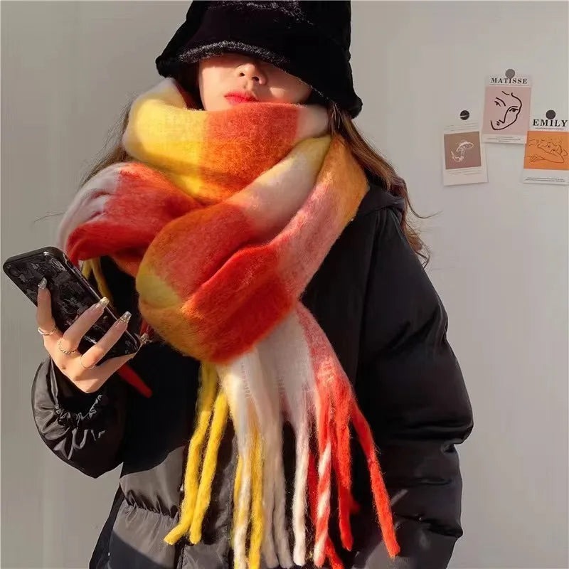 Women's thick fluffy colour block scarf with chunky fringe - red/yellow