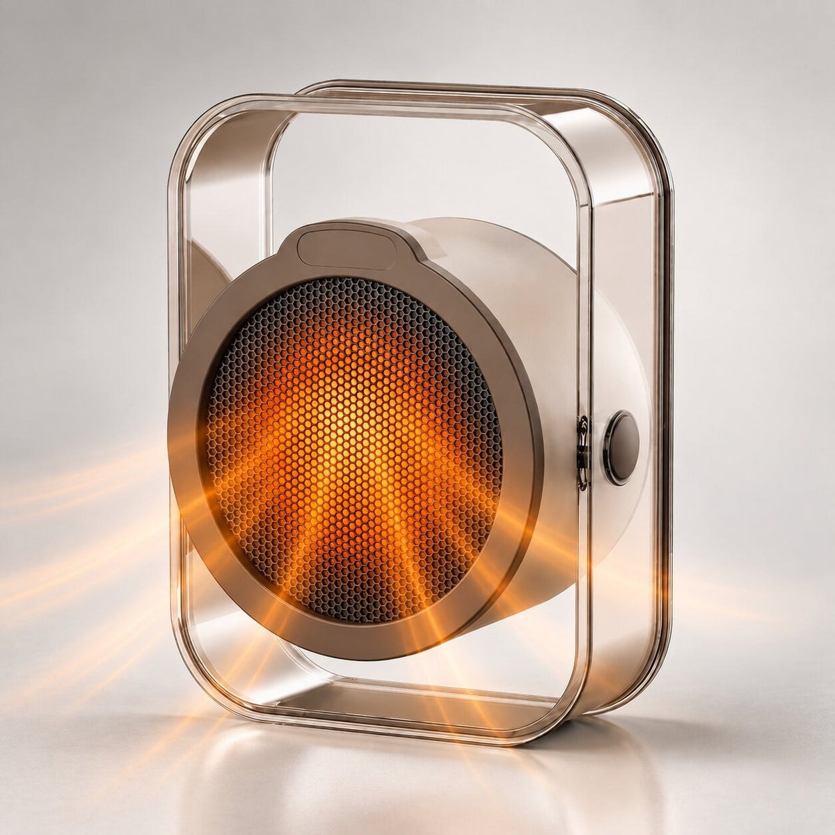 Compact fan heater in a clear frame for desk or wall - light grey