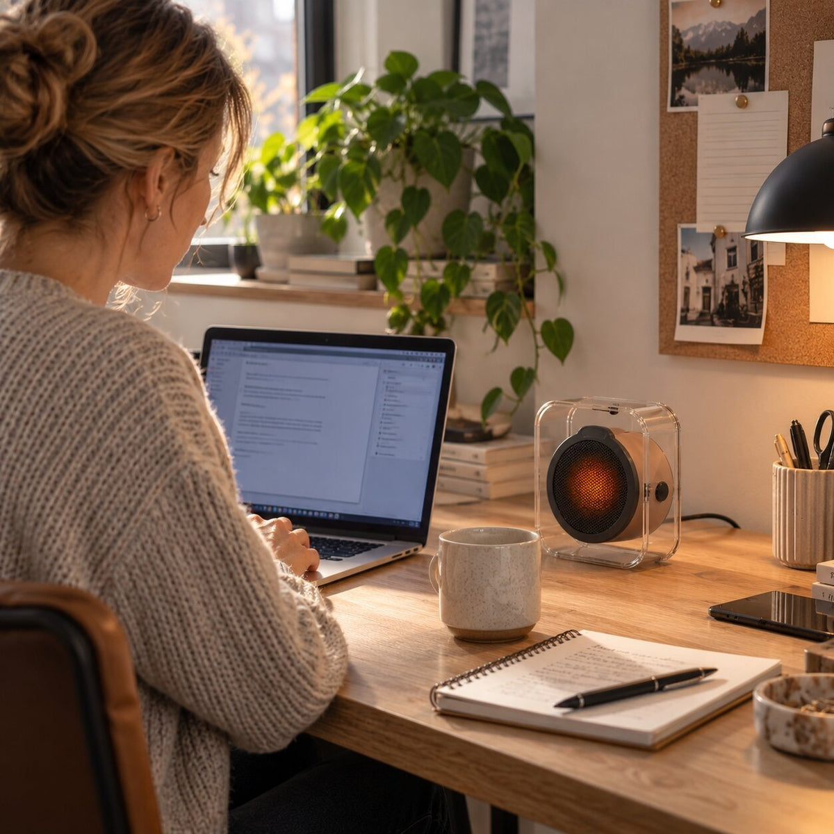 Compact fan heater in a clear frame for desk or wall - view 3
