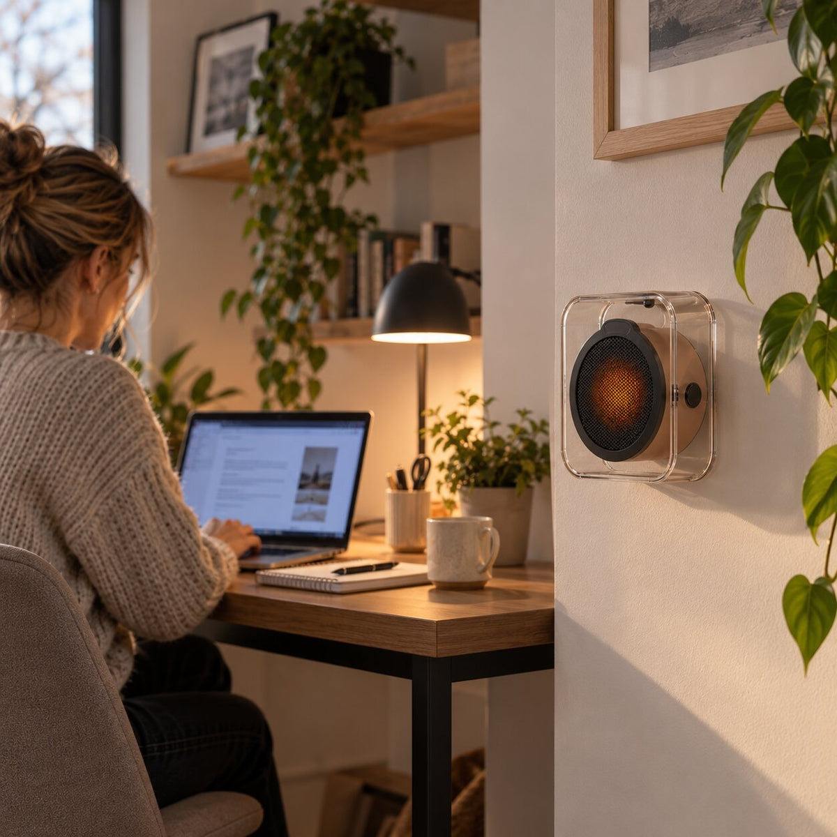 Compact fan heater in a clear frame for desk or wall - view 4