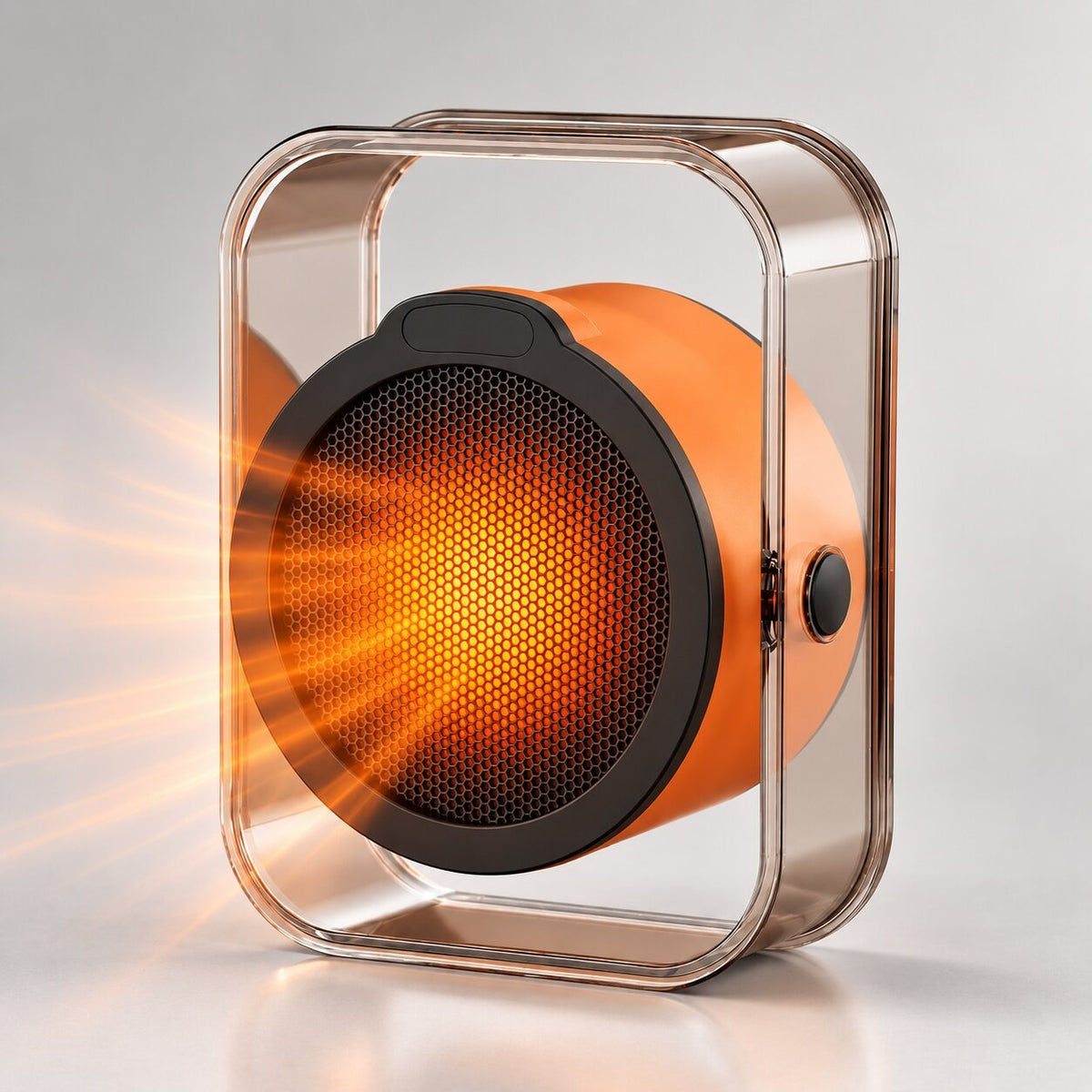 Compact fan heater in a clear frame for desk or wall - orange