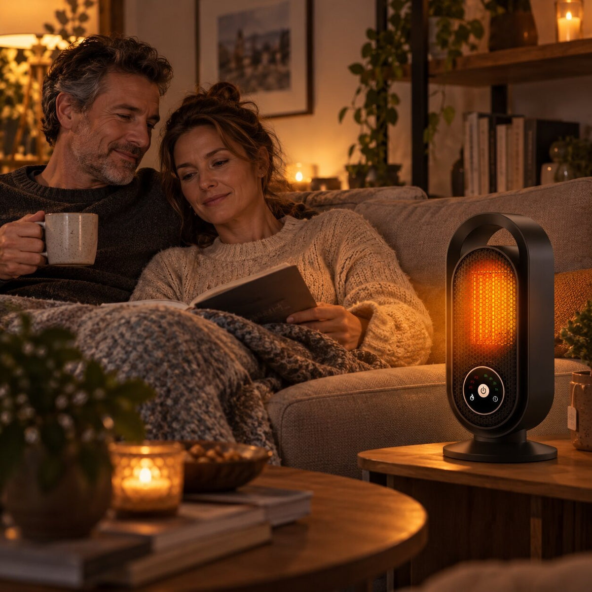 Compact tower heater with a carry handle and round control panel - view 2