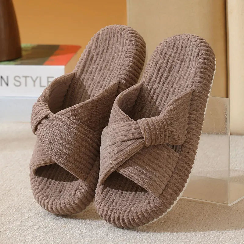 Corduroy mule slippers with crossed straps twisted into a knot - brown
