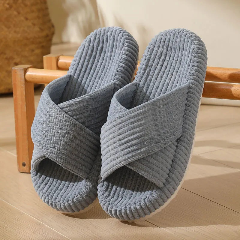 Corduroy sliders with crossed straps, open toe and thick sole - blue grey