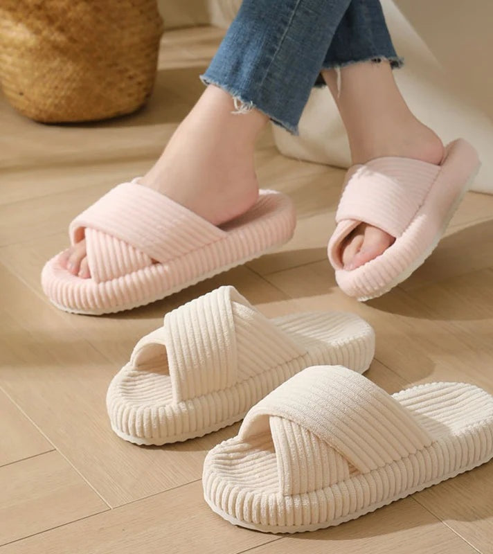 Corduroy sliders with crossed straps, open toe and thick sole - view 2