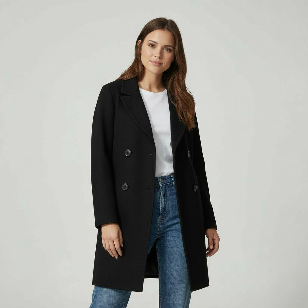 Longline double-breasted coat with a notch lapel and welt pockets in black