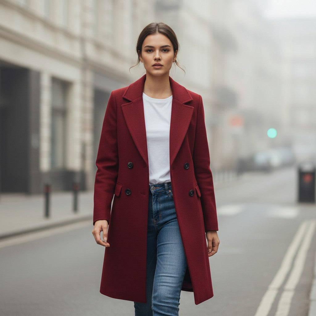 Longline double-breasted coat with a notch lapel and welt pockets