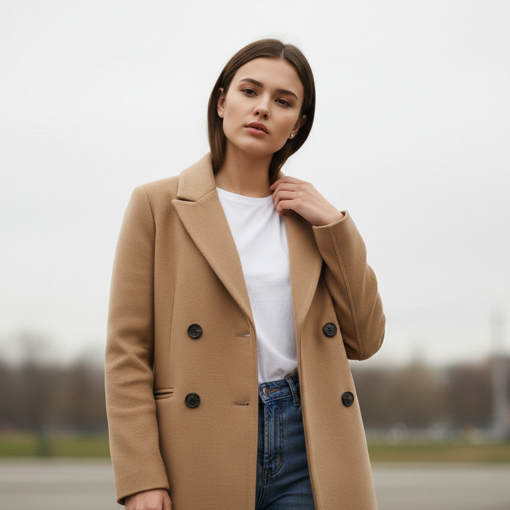 Longline double-breasted coat with a notch lapel and welt pockets