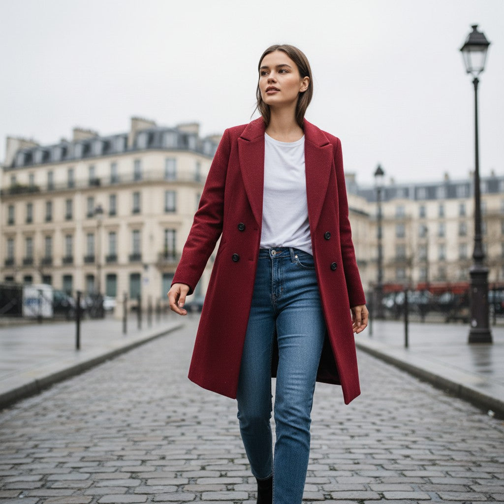 Longline double-breasted coat with a notch lapel and welt pockets