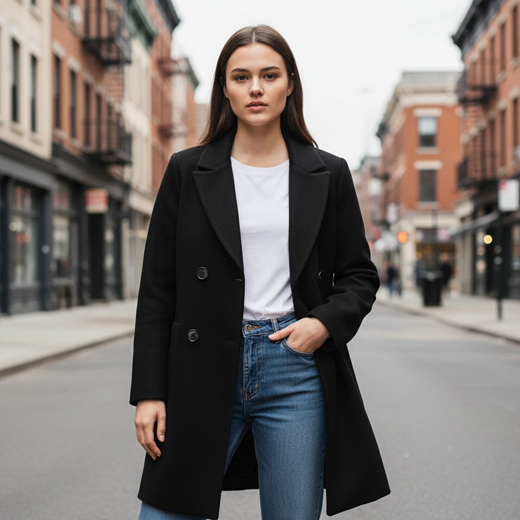 Longline double-breasted coat with a notch lapel and welt pockets