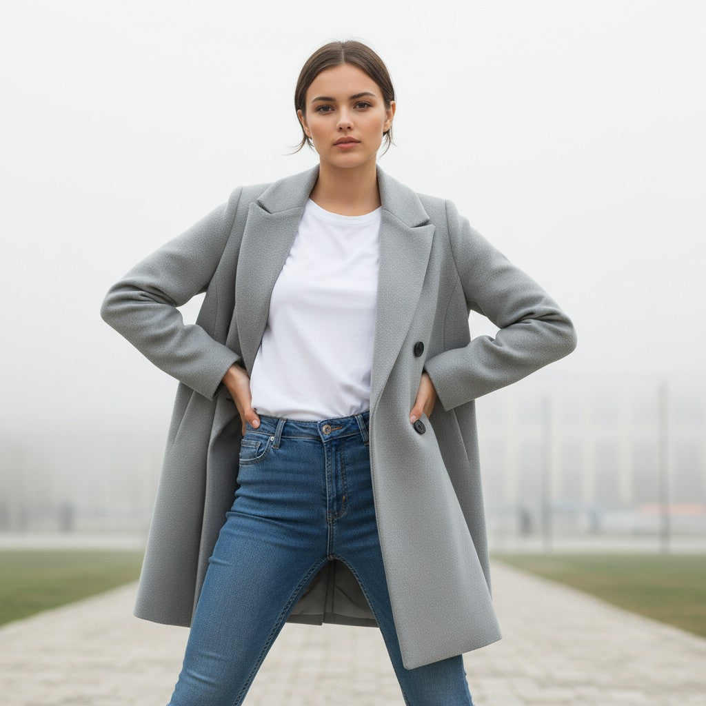 Longline double-breasted coat with a notch lapel and welt pockets