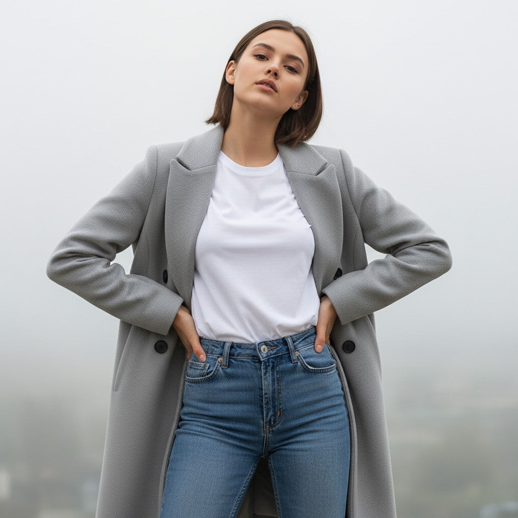 Longline double-breasted coat with a notch lapel and welt pockets