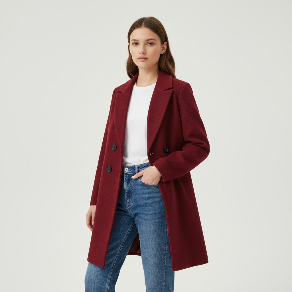 Longline double-breasted coat with a notch lapel and welt pockets