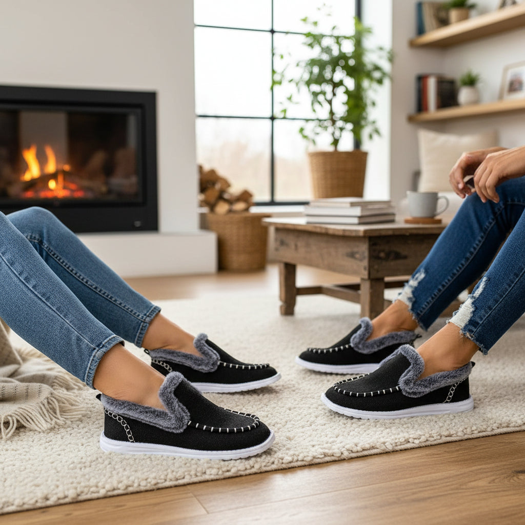 Fleece-lined slip-on shoes with a moccasin seam and a white cushioned sole