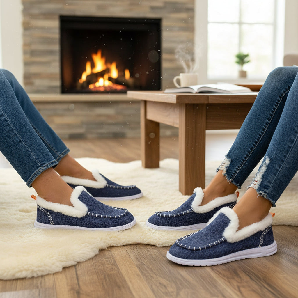 Fleece-lined slip-on shoes with a moccasin seam and a white cushioned sole