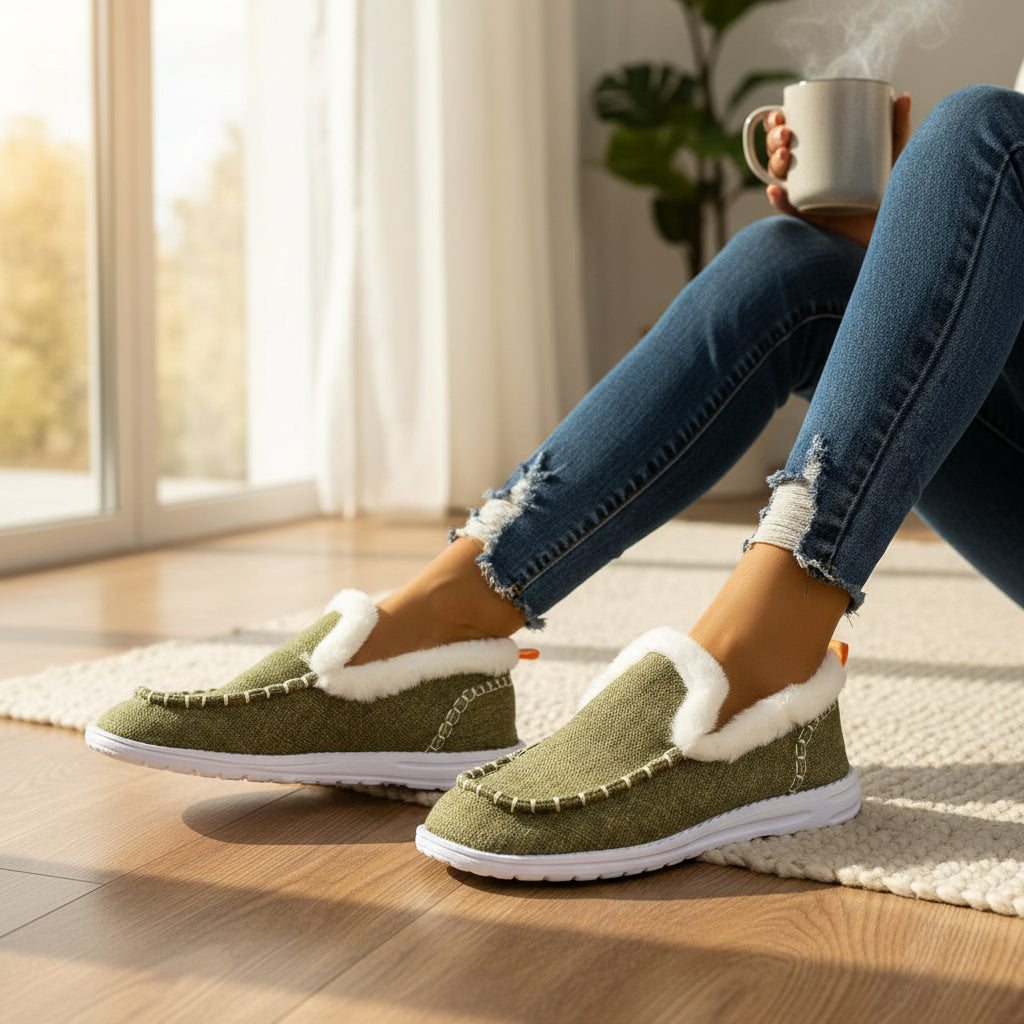 Fleece-lined slip-on shoes with a moccasin seam and a white cushioned sole