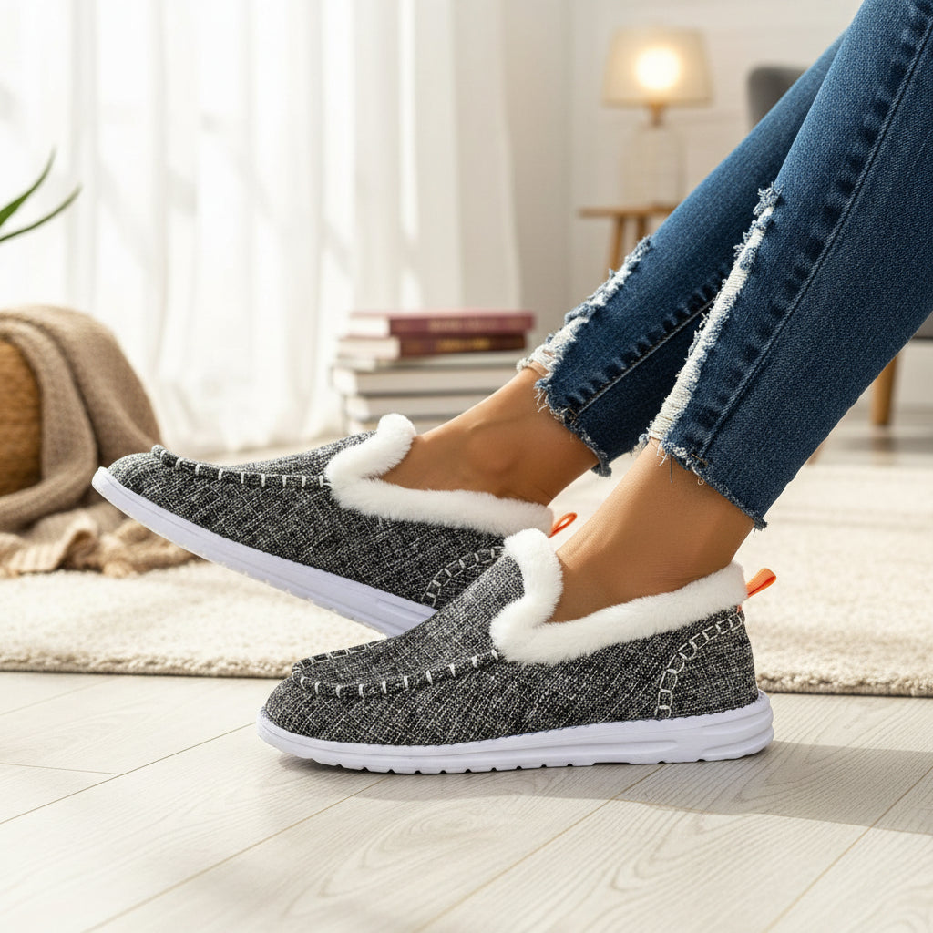 Fleece-lined slip-on shoes with a moccasin seam and a white cushioned sole