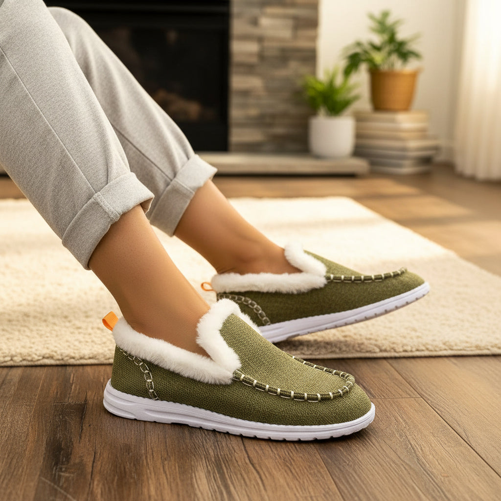 Fleece-lined slip-on shoes with a moccasin seam and a white cushioned sole in olive