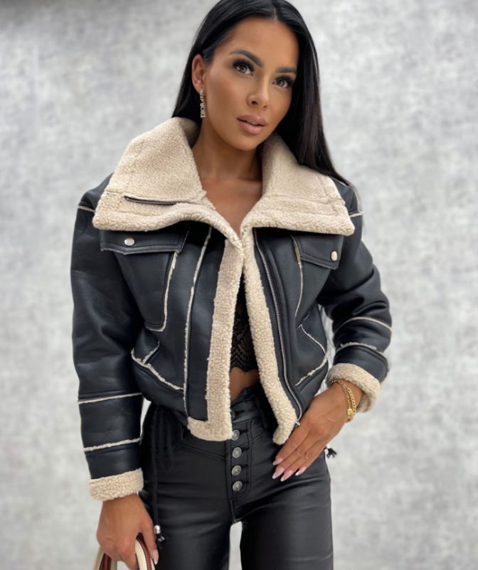 Women's cropped aviator-style jacket in faux leather with teddy trim - black