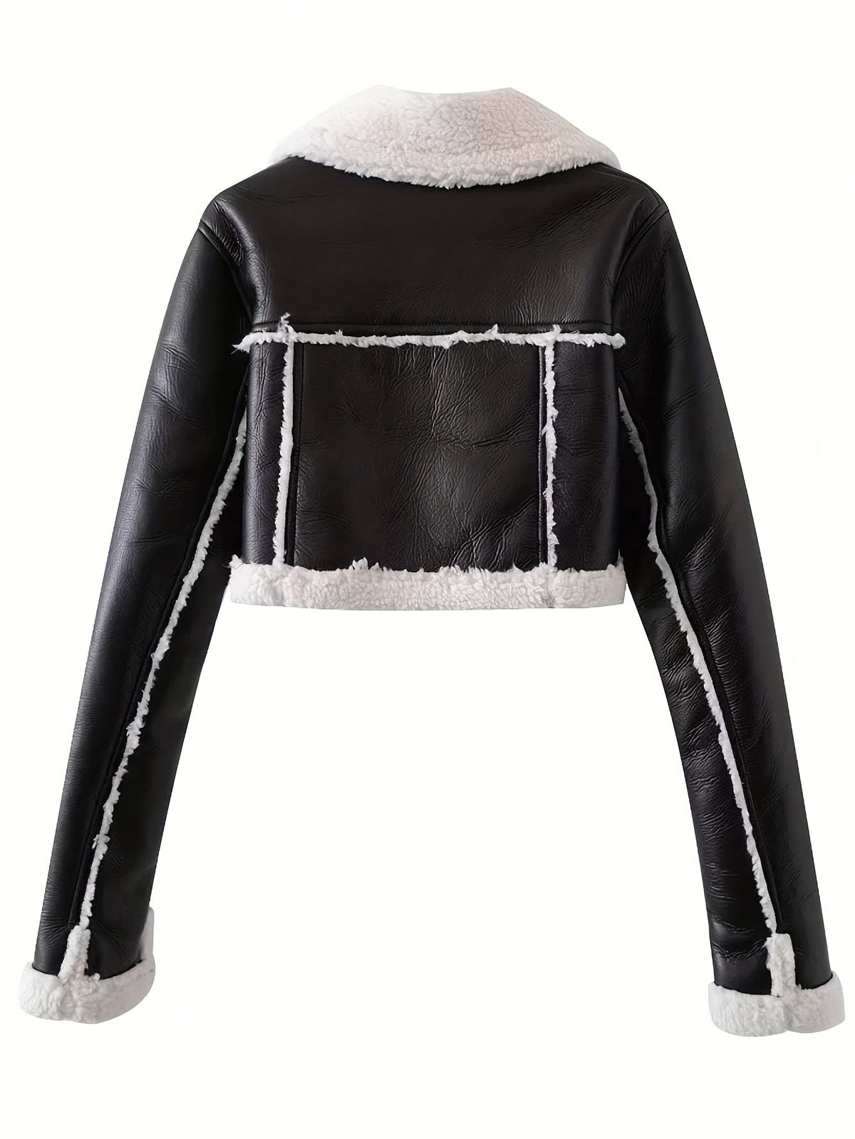 Women's cropped biker-style jacket in faux leather with teddy lapels
