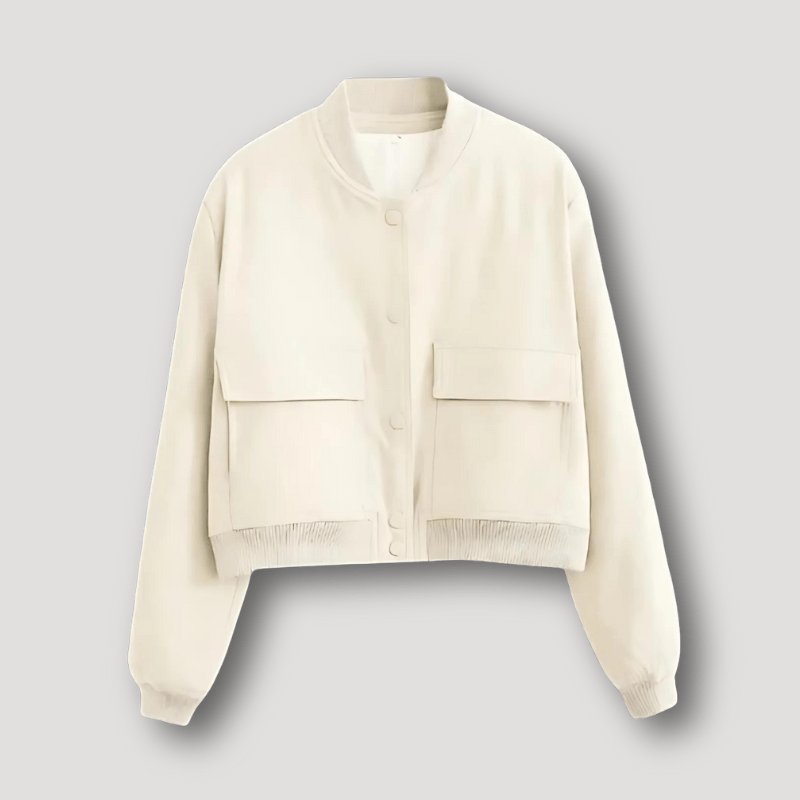 Women's cropped bomber jacket with a ribbed collar and two large flap pockets - cream