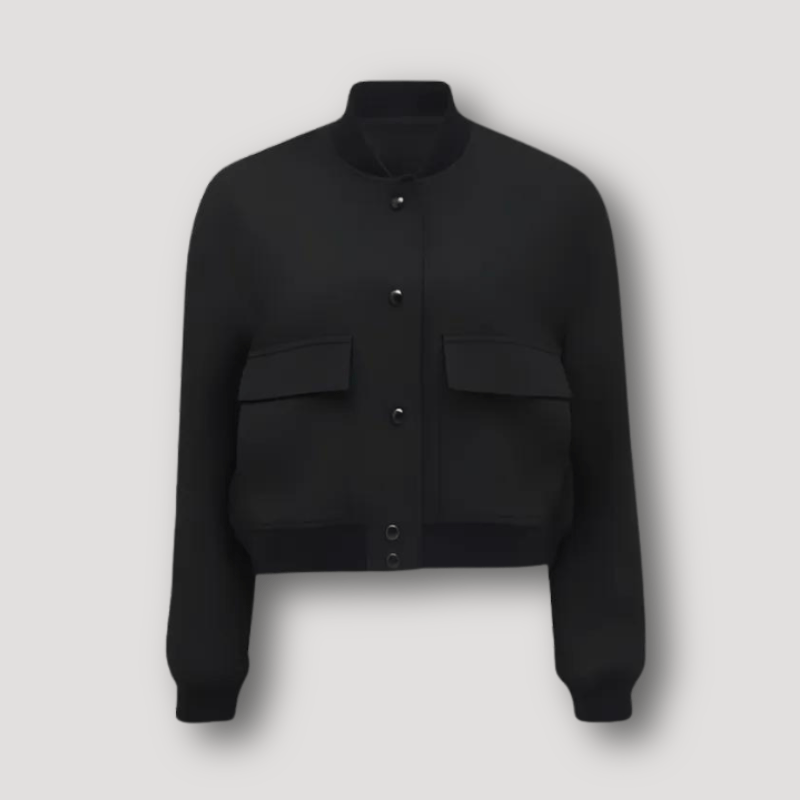 Women's cropped bomber jacket with a ribbed collar and two large flap pockets - black